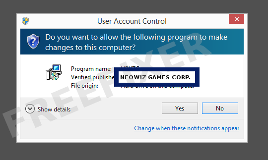 Screenshot where NEOWIZ GAMES CORP. appears as the verified publisher in the UAC dialog